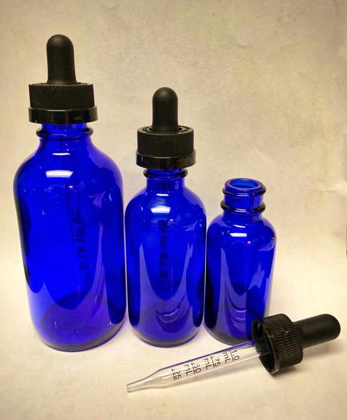blue glass tincture bottles